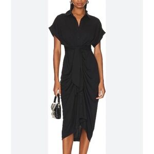 Steve Madden Tori Dress Black Satin Tie Waist Midi Shirt Dress Size 2 NEW